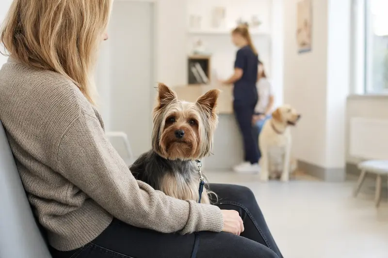 Ein ruhiger Australian Silky Terrier sitzt neben seinem Halter in einem modernen Wartezimmer der Tierarztpraxis.